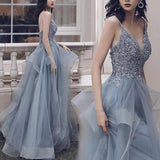 V Neck Appliqued Spaghetti Straps Multi-Layered Organza Blue Bridal Dresses HZ0509