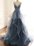 V Neck Appliqued Spaghetti Straps Multi-Layered Organza Blue Bridal Dresses HZ0509