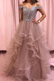 Layered Off the Shoulder Prom Dresses Rose Pink Tulle Party Dresses HZ0509