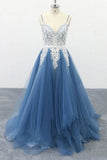 Straps A Line Party Dresses Appliques Blue Tulle Prom Dresses HZ0509