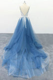 Straps A Line Party Dresses Appliques Blue Tulle Prom Dresses HZ0509