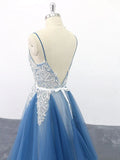 Straps A Line Party Dresses Appliques Blue Tulle Prom Dresses HZ0509