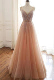 Line Lace Up Back Spaghetti Straps Evening Dresses Coral Tulle Sequins Prom Dresses HZ0509