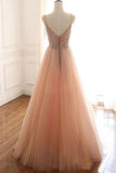 Line Lace Up Back Spaghetti Straps Evening Dresses Coral Tulle Sequins Prom Dresses HZ0509