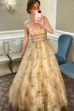 A-line V neck Sparkly Tulle Evening Dress Long Sequins Prom Dress HZ0509