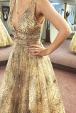 A-line V neck Sparkly Tulle Evening Dress Long Sequins Prom Dress HZ0509