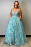 Spaghetti Straps Lace Appliques Prom Dress Modest Long Evening Dress With Pockets HZ0509