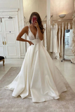 White Deep V Neck Satin Lace Top Long Prom Dress Wedding Dress HZ0509