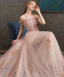 Off-the-shoulder Pearl Pink Long Prom Dresses Evening Dress HZ0509