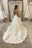 White Deep V Neck Satin Lace Top Long Prom Dress Wedding Dress HZ0509