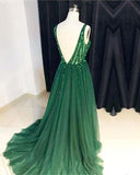 V Neck Green Open Back Tulle Long Prom Dresses With Sequins HZ0509