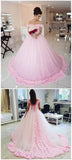 Gown Off shoulder Pink Tulle Flowers Wedding Dresses,Pink Quinceanera Dresses HZ0509