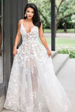 Spaghetti Straps Floor-Length V Neck Wedding Dress with Appliques HZ0509