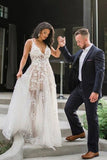Spaghetti Straps Floor-Length V Neck Wedding Dress with Appliques HZ0509
