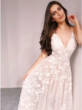 Spaghetti Straps Floor-Length V Neck Wedding Dress with Appliques HZ0509