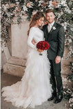 Bateau Long Sleeves Ruffles Tulle Elegant Wedding Dress HZ0509