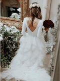 Bateau Long Sleeves Ruffles Tulle Elegant Wedding Dress HZ0509