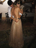 Spaghetti Straps V-neck Sexy Backless Sequins Prom Party Dresses HZ0509