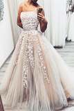 A Line Strapless Lace Appliques Beaded Formal Prom Dresses Evening Grad Dress HZ0509