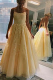 Yellow Spaghetti Straps Tulle Long Prom Dresses With Appliques HZ0509
