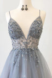 Spaghetti Straps Beaded Tulle A Line Prom Dresses Evening Party Dress HZ0509