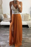 Spaghetti Straps Sleeveless Lace Top Long Prom Dresses Evening Gown HZ0509