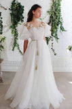 Off White Short Sleeves Long Prom Dresses Organza Evening Dress HZ0509