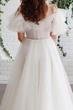 Off White Short Sleeves Long Prom Dresses Organza Evening Dress HZ0509