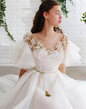 Off White Short Sleeves Long Prom Dresses Organza Evening Dress HZ0509