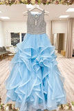 Blue Round Neck Tulle Long Prom Dress A Line Formal Evening Dresses HZ0509