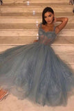 Line Spaghetti Straps Tea Length Dusty Blue Tulle Prom Dress HZ0509