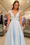 V-Neck A Line Lace Cap Sleeves Sky Blue Prom Dresses for Junior HZ0509