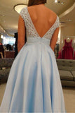 V-Neck A Line Lace Cap Sleeves Sky Blue Prom Dresses for Junior HZ0509