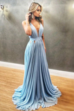 Simple Blue Chiffon V-neck Long Prom Dress,Party Formal Gowns HZ0509
