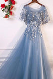 Blue Tulle Short Sleeves Long Lace Up Formal Evening Prom Dresses HZ0509