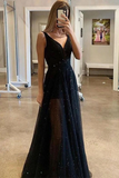 A Line V Neck Sparkly Sequins Black Long Prom Dresses HZ0509
