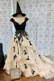 Line V Neck Cap Sleeves Long Prom Dress With Black Lace Appliques HZ0509