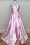 Spaghetti Straps Pink Long Prom Dresses With Pockets Satin Simple Evening Dress HZ0509