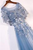 Blue Tulle Short Sleeves Long Lace Up Formal Evening Prom Dresses HZ0509