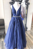 V neck Royal Blue Lace Appliques Long Prom Dresses Tulle Evening Dress HZ0509