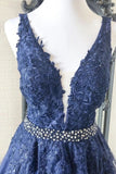 V neck Royal Blue Lace Appliques Long Prom Dresses Tulle Evening Dress HZ0509