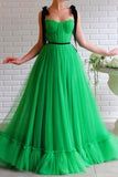 Black Straps Sage Long Charming Prom Dresses Tulle Evening Dress HZ0509