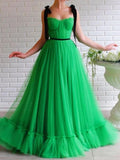 Black Straps Sage Long Charming Prom Dresses Tulle Evening Dress HZ0509