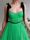 Black Straps Sage Long Charming Prom Dresses Tulle Evening Dress HZ0509