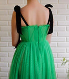 Black Straps Sage Long Charming Prom Dresses Tulle Evening Dress HZ0509