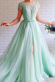 Mint Green Long Cheap Prom Dresses Beading Tulle Evening Dress HZ0509