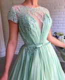 Mint Green Long Cheap Prom Dresses Beading Tulle Evening Dress HZ0509