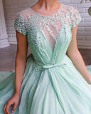 Mint Green Long Cheap Prom Dresses Beading Tulle Evening Dress HZ0509