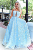 Stunning A-line Strapless Sky Blue Lace Beaded Long Prom Dresses Evening Dress HZ0509