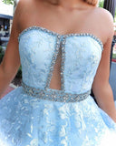 Stunning A-line Strapless Sky Blue Lace Beaded Long Prom Dresses Evening Dress HZ0509
